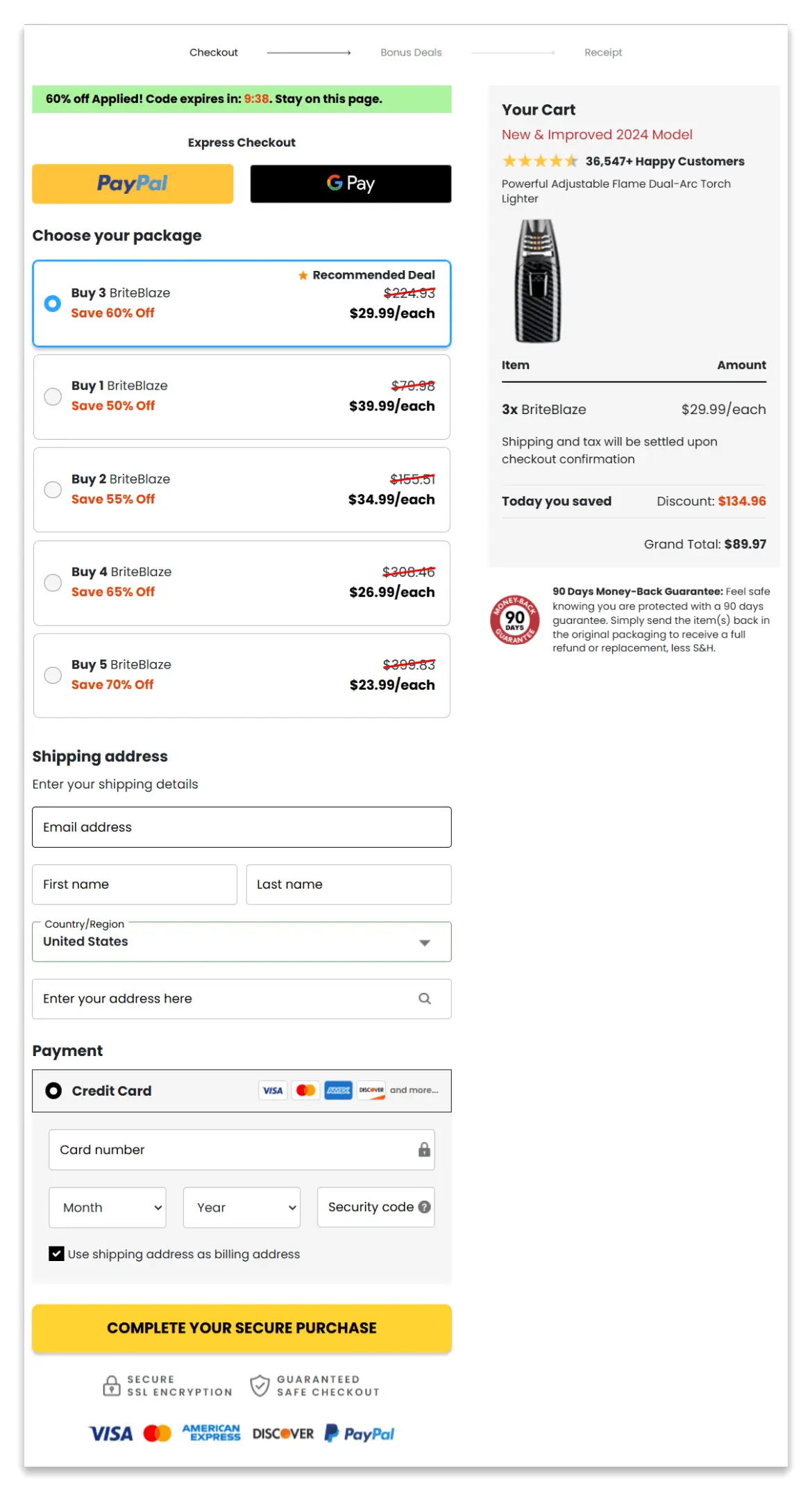 Brite Blaze secure checkout page